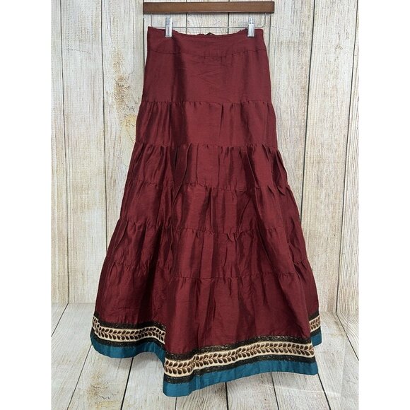 Women Tiered Midi Skirt Sz M Burgundy A-Line Full Boho Western‎ Cowgirl India - Picture 2 of 9